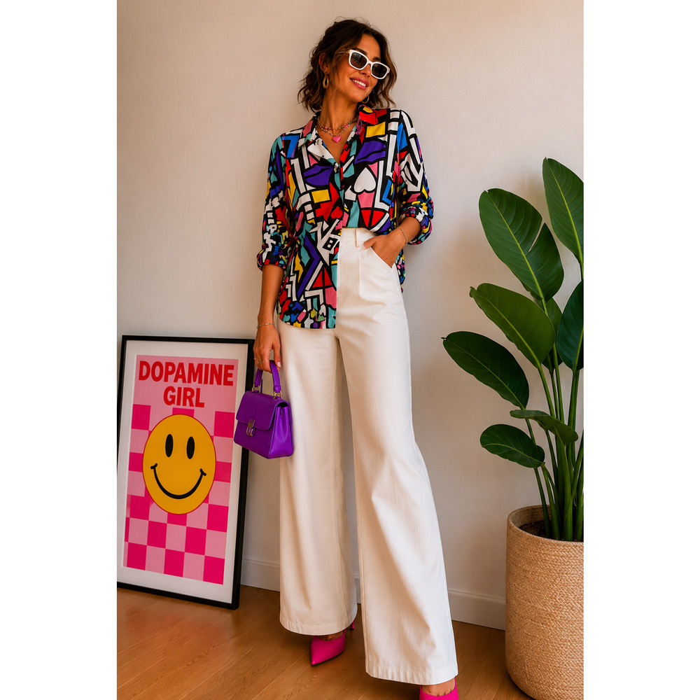 Vintage Women’s Pop Art Button Up Shirt Blouse M Art To Wear Artsy Funky